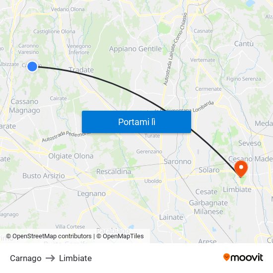 Carnago to Limbiate map