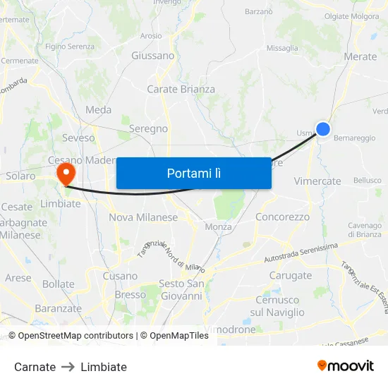 Carnate to Limbiate map