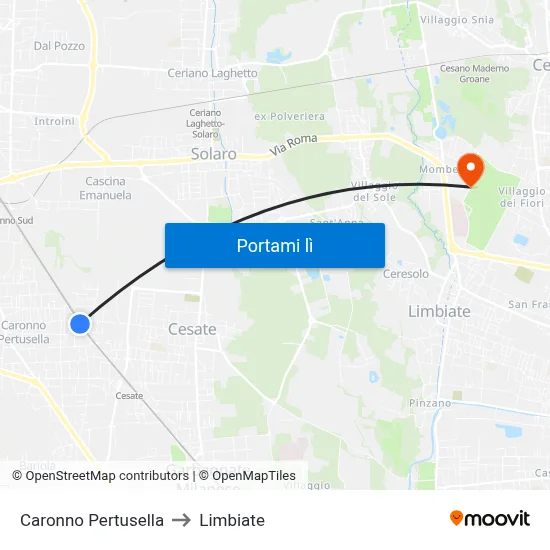 Caronno Pertusella to Limbiate map
