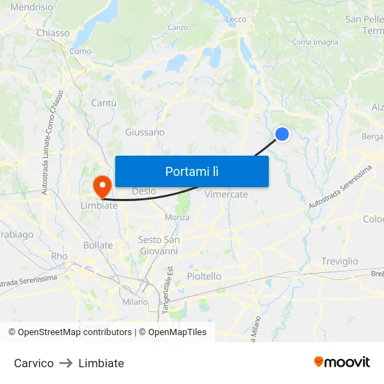 Carvico to Limbiate map