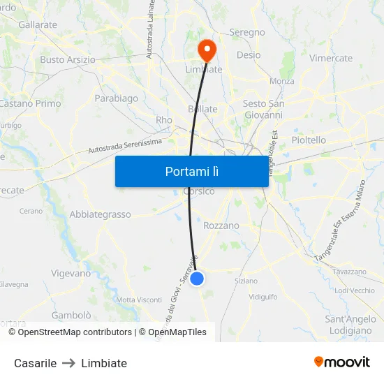 Casarile to Limbiate map
