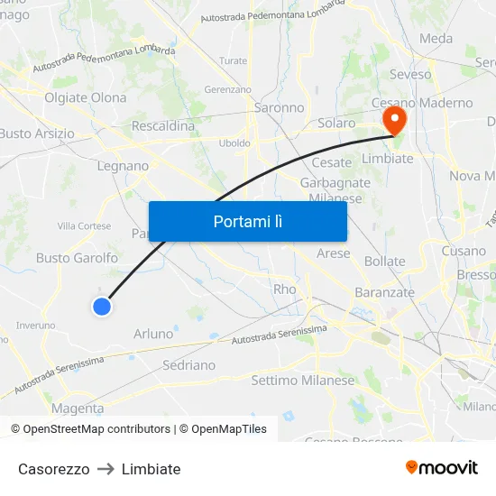 Casorezzo to Limbiate map