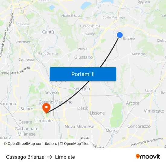 Cassago Brianza to Limbiate map