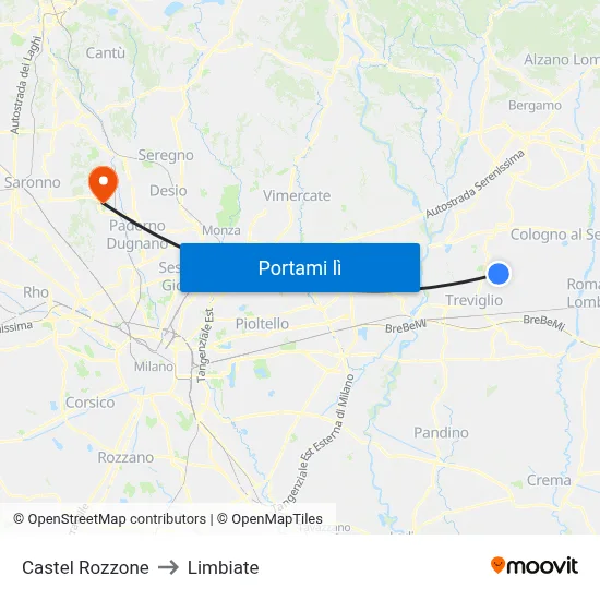 Castel Rozzone to Limbiate map