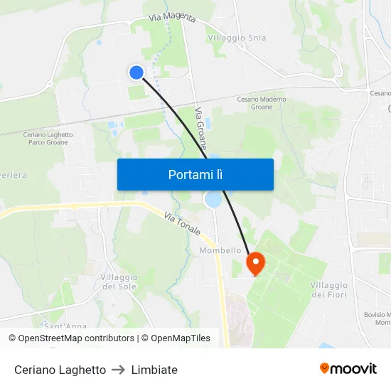 Ceriano Laghetto to Limbiate map