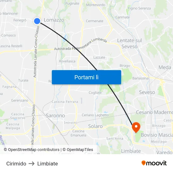 Cirimido to Limbiate map