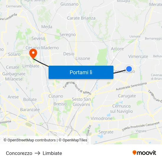 Concorezzo to Limbiate map