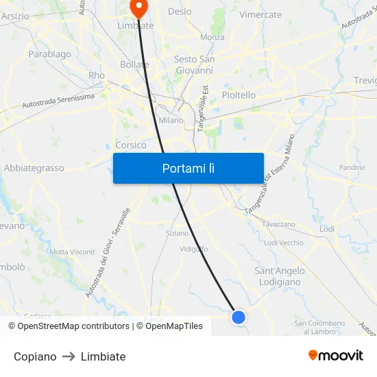 Copiano to Limbiate map