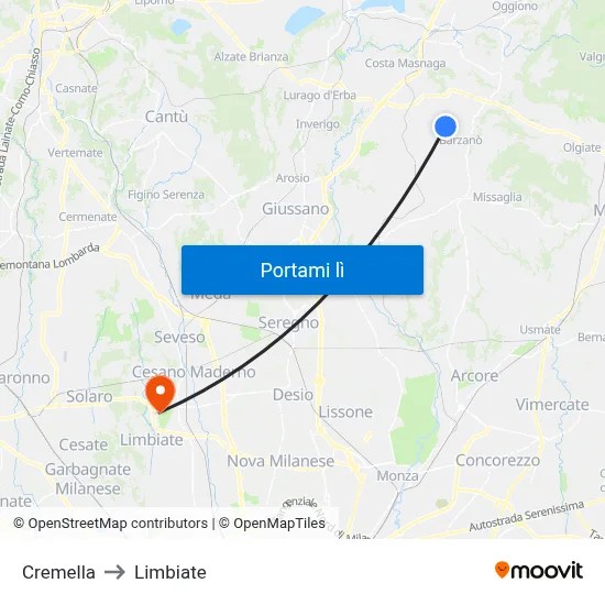 Cremella to Limbiate map
