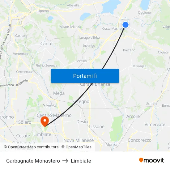 Garbagnate Monastero to Limbiate map