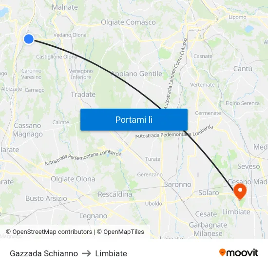 Gazzada Schianno to Limbiate map