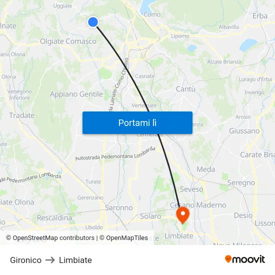 Gironico to Limbiate map