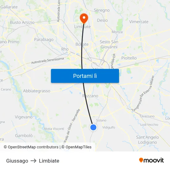 Giussago to Limbiate map