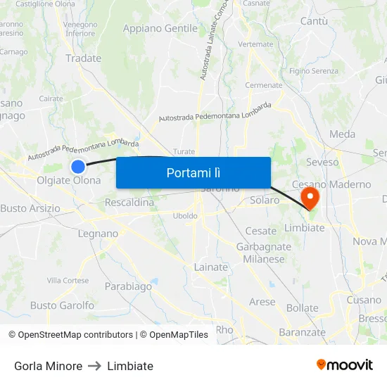 Gorla Minore to Limbiate map