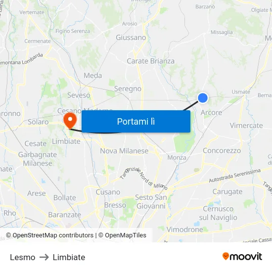 Lesmo to Limbiate map