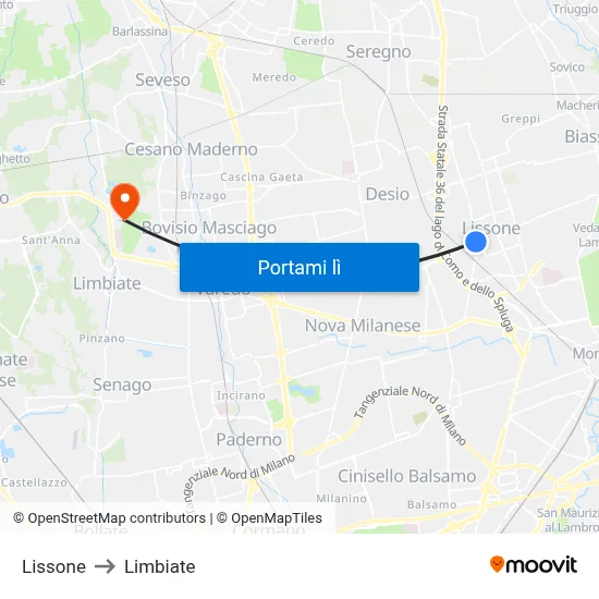 Lissone to Limbiate map