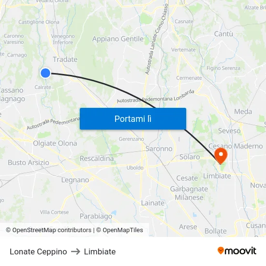 Lonate Ceppino to Limbiate map