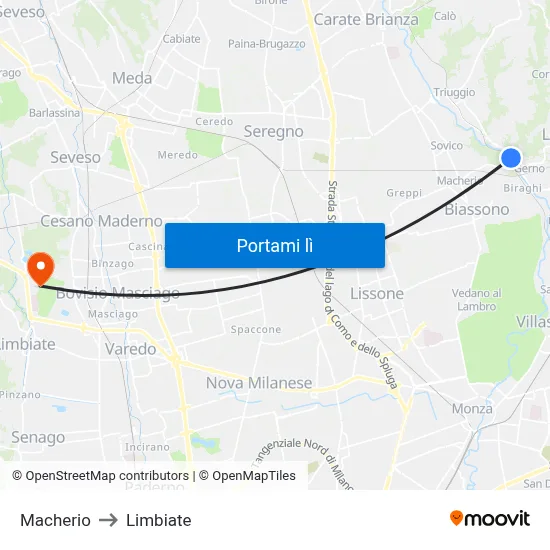 Macherio to Limbiate map