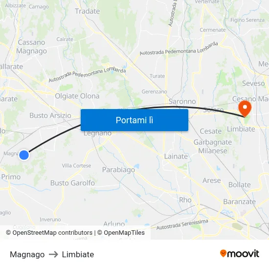 Magnago to Limbiate map