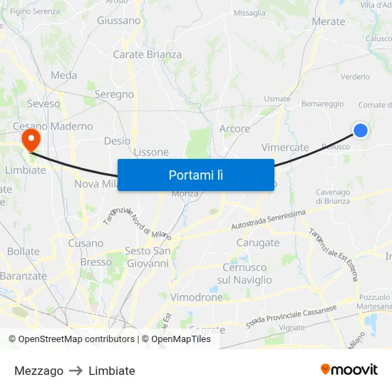 Mezzago to Limbiate map