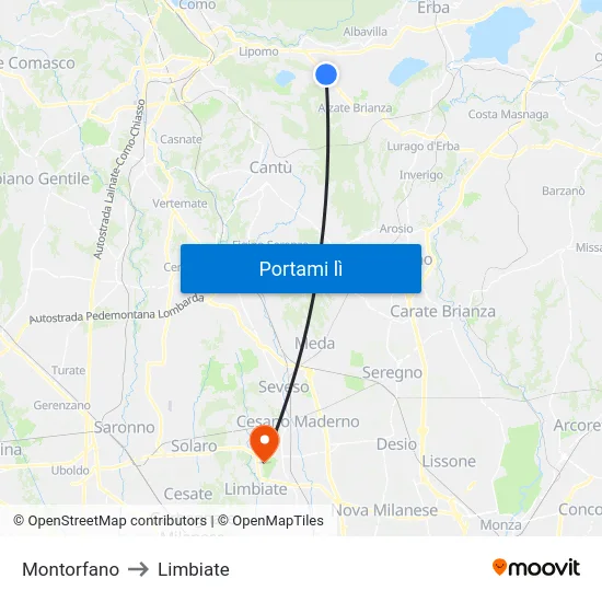 Montorfano to Limbiate map
