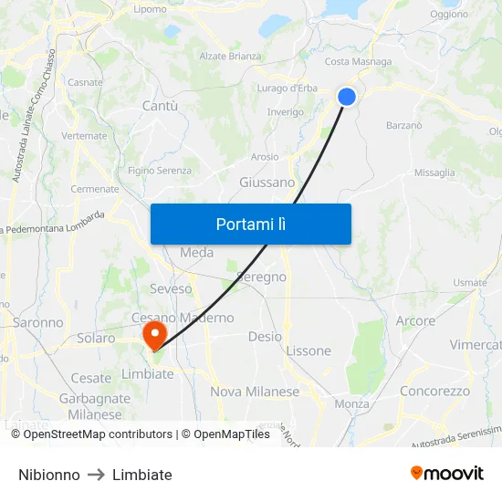 Nibionno to Limbiate map