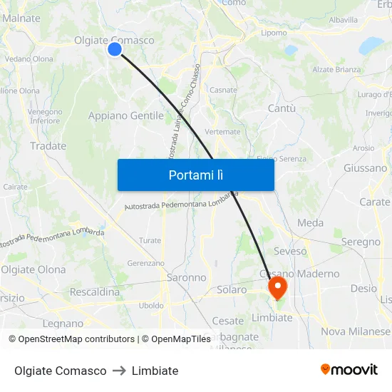 Olgiate Comasco to Limbiate map