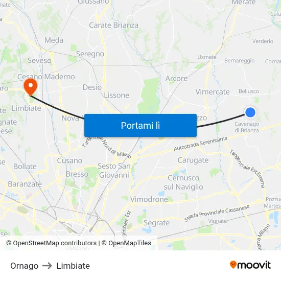 Ornago to Limbiate map