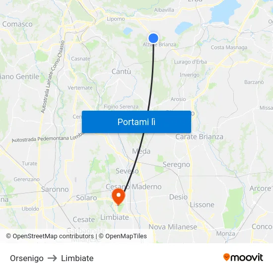 Orsenigo to Limbiate map