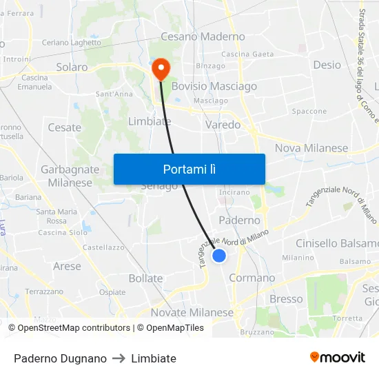 Paderno Dugnano to Limbiate map