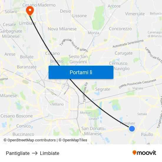 Pantigliate to Limbiate map
