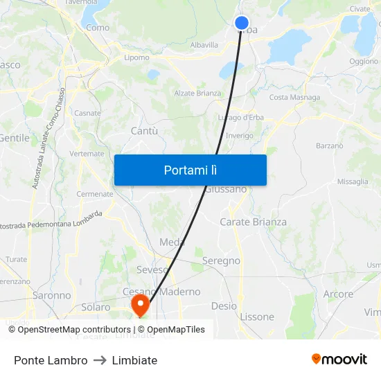 Ponte Lambro to Limbiate map