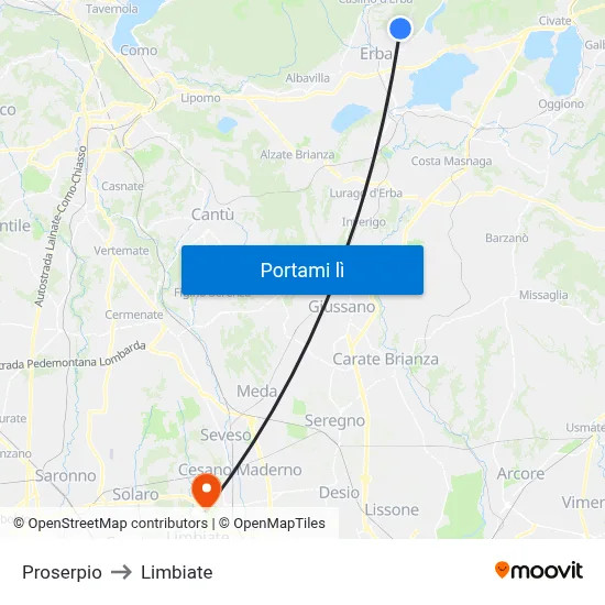 Proserpio to Limbiate map