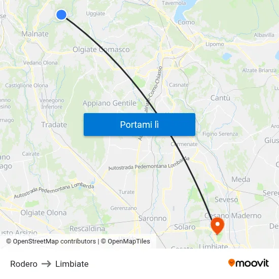 Rodero to Limbiate map