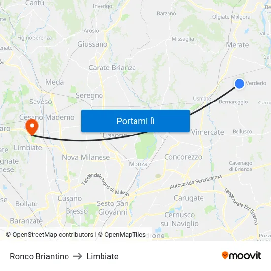 Ronco Briantino to Limbiate map