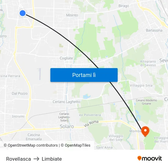 Rovellasca to Limbiate map