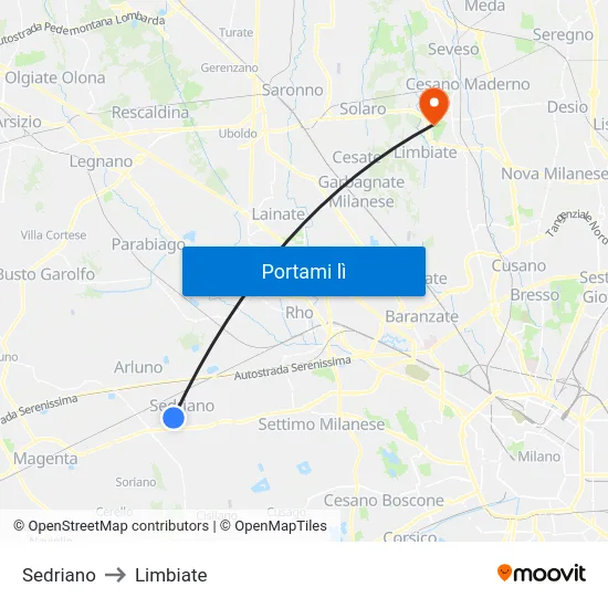 Sedriano to Limbiate map