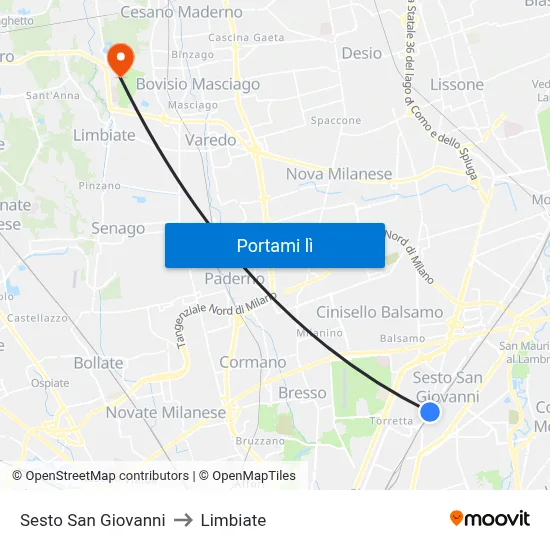 Sesto San Giovanni to Limbiate map