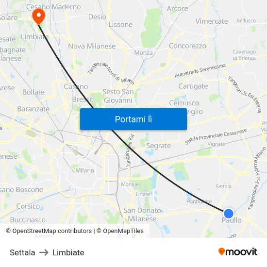 Settala to Limbiate map