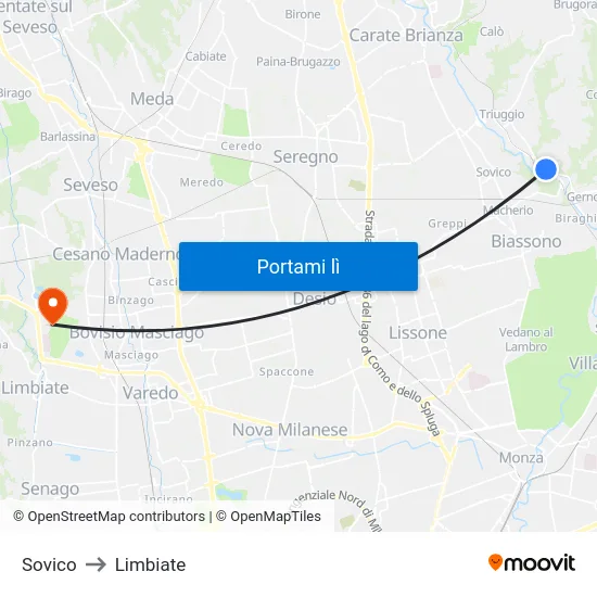 Sovico to Limbiate map