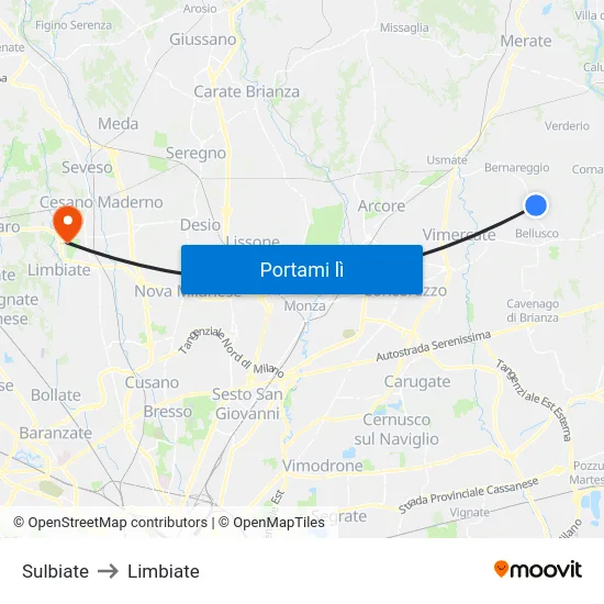 Sulbiate to Limbiate map