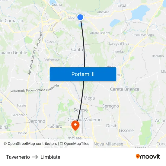 Tavernerio to Limbiate map