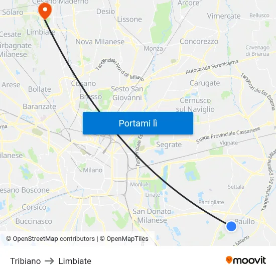 Tribiano to Limbiate map