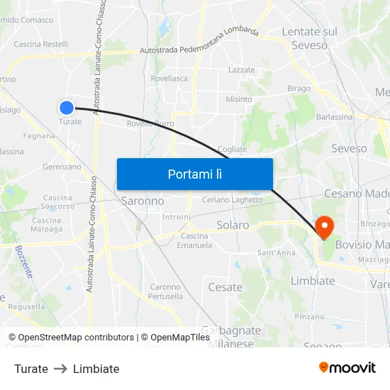 Turate to Limbiate map