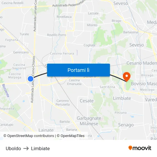 Uboldo to Limbiate map