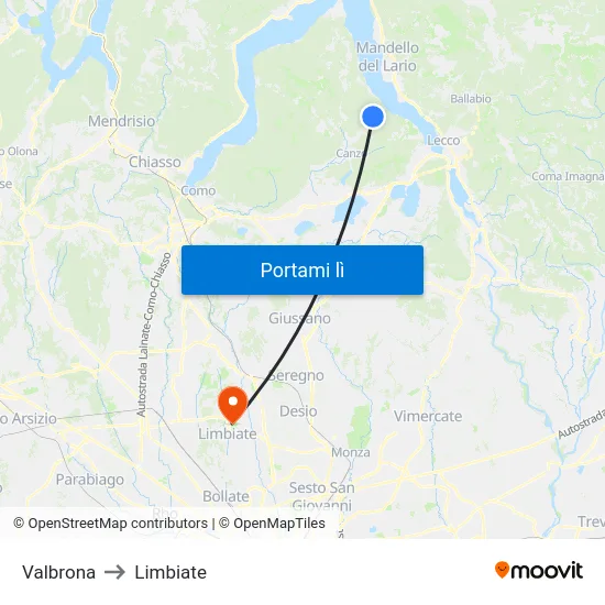 Valbrona to Limbiate map