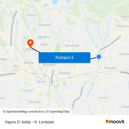 Vaprio D' Adda to Limbiate map