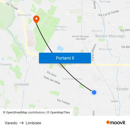 Varedo to Limbiate map