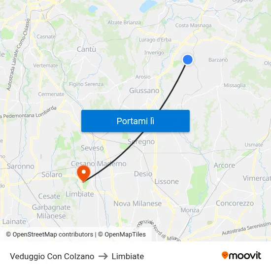 Veduggio Con Colzano to Limbiate map