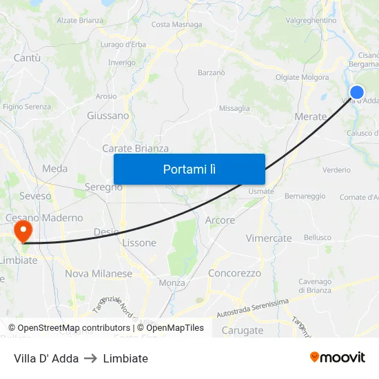 Villa D' Adda to Limbiate map